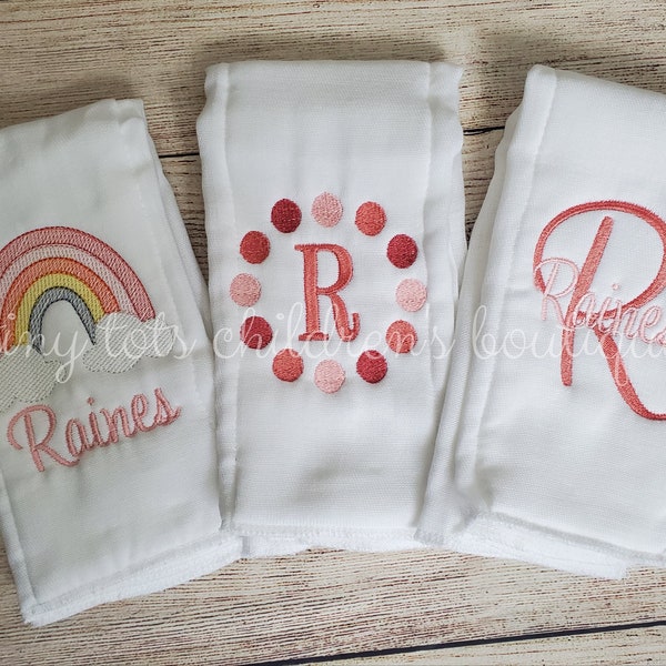 Set of 3 personalized burp cloths - newborn - embroidered baby girl burp cloths - custom monogram burp cloth set baby shower gift - rainbow
