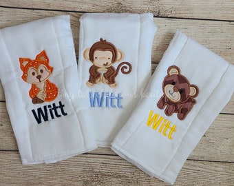 Set of 3 personalized baby boy burp cloths - Embroidered animal burp cloth set - Newborn - Monogram baby shower gift - monkey - fox - bear