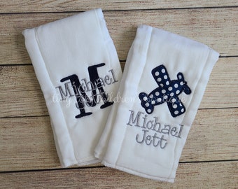 Personalized Burp Cloth Set for Boys - Monogram Burp Cloth - Embroidered Airplane Burp Cloth Set - Boy - Newborn - Baby Burp Cloth Set