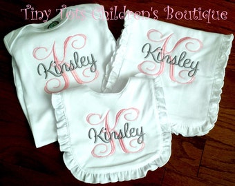 Personalized Baby Girl Gift Set: Monogrammed Ruffle Bib, Gown & Burp Cloth