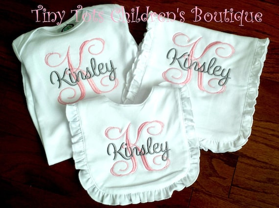 Personalized Baby Girl Gift Set: Monogrammed Ruffle Bib, Gown & Burp Cloth