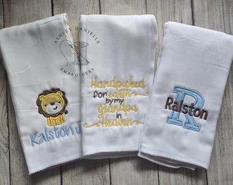 Set of 3 personalized burp cloths - newborn - embroidered lion baby burp cloths - Handpicked for earth by my grandpa in heaven - monogram