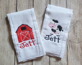 Set of 2 personalized baby boy burp cloth set - custom burp cloths - baby - newborn - baby shower gift - cow - barn - monogram - embroidered