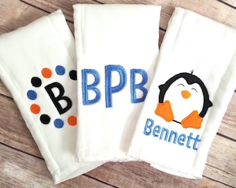 Set of 3 Personalized Burp Cloths - Diaper Cloths - Baby Boy - Monogrammed - Gift Set - Polka Dot - Penguin