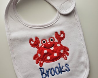 Personalized Bib - Girl - Boy - Embroidered Crab Bib - Custom -Red Blue - Crab - Animal - Monogram - Baby - Newborn