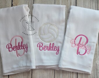 Set of 3 personalized burp cloths - Newborn embroidered burp cloth set - Monogram girl burp cloth - Volleyball - Pink - Baby shower gift