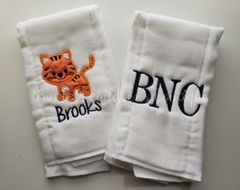 Set of 2 personalized baby boy burp cloths - Newborn custom baby shower gift - Embroidered tiger burp cloth set - Black - Orange - Monogram