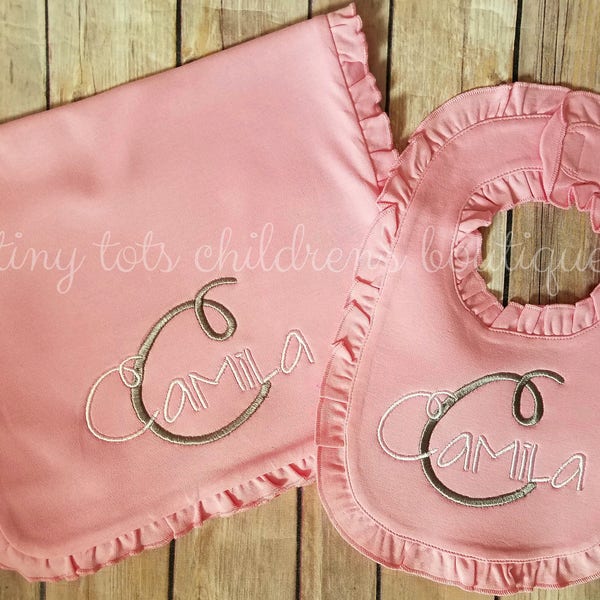 Baby Girl Bib & Burp Set - Pink Embroidered Dots