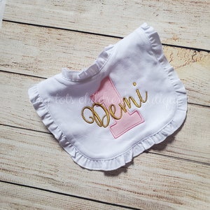 Personalized First Birthday Bib - Embroidered Birthday Bib - Girl - First Birthday - Bib - Embroidered - Smash Cake Bib - Gold - Pink Custom