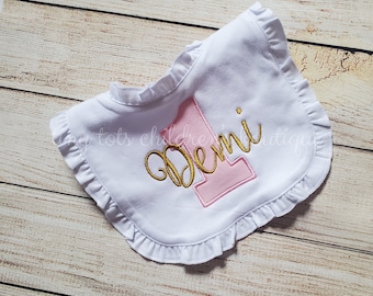 Personalized First Birthday Bib - Embroidered Birthday Bib - Girl - First Birthday - Bib - Embroidered - Smash Cake Bib - Gold - Pink Custom