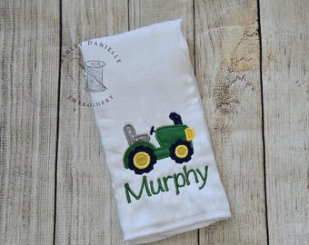 Personalized Tractor Burp Cloth | Embroidered Farm Burp Cloth | Custom Baby Boy Gift | Green Tractor | Baby Shower Gift | Baby Accessory