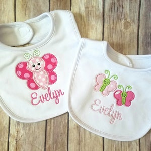 Set of 2 personalized bib set - girl embroidered butterfly bib set - newborn - toddler - baby girl - monogram bib - pink - butterfly