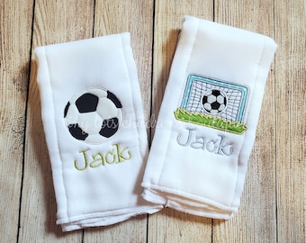 Set of 2 personalized  boy burp cloths - Newborn - Baby Shower Gift - Soccer Embroidered Burp Cloth Set - Monogram Baby Boy Burp Cloth Set