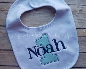 Personalized Boy First Birthday Bib - Embroidered Birthday Bib - Baby Boy - First Birthday - One - Custom Bib