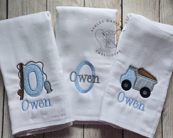 Set of 3 embroidered burp cloths, personalized boy burp cloth set, newborn, monogram burp cloth, baby shower gift, dump truck, fishing, baby