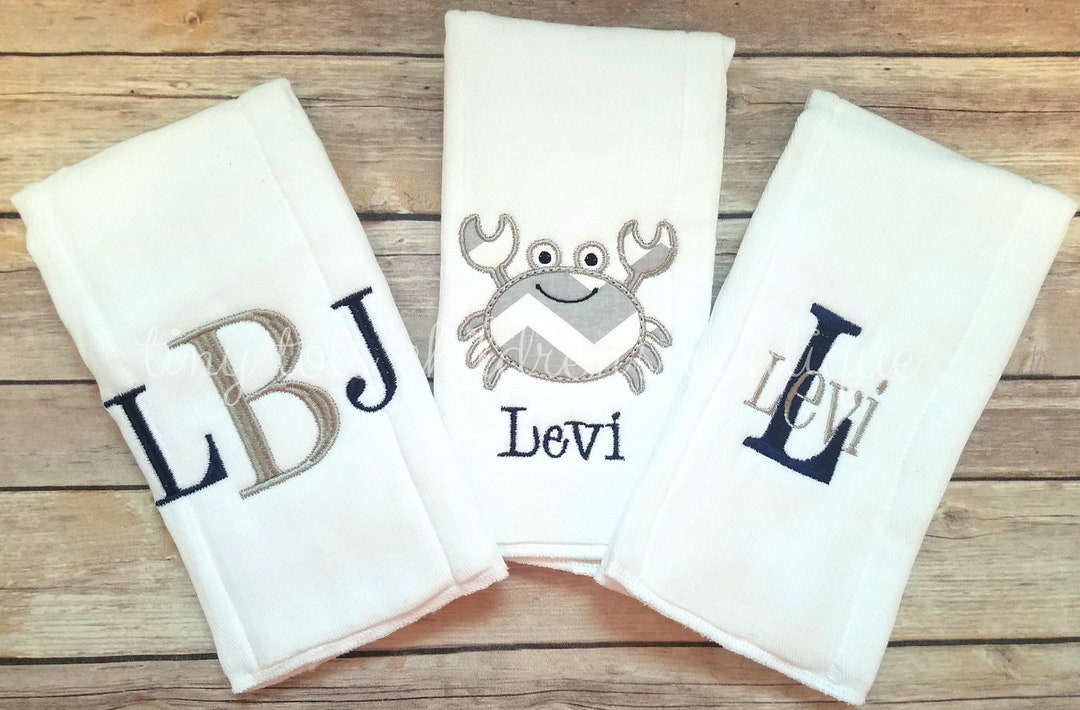 Set of 3 Personalized Burp Cloths Baby Boy Monogram Burp Cloth Set Crab Newborn Baby Shower Gift