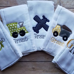 Set of 5 Personalized Burp Cloths - Boy Embroidered Burp Cloths - Monogram Baby Boy Burp Cloth - Newborn - Airplane - Dump Truck - Train
