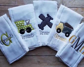 Set of 5 Personalized Burp Cloths - Boy Embroidered Burp Cloths - Monogram Baby Boy Burp Cloth - Newborn - Airplane - Dump Truck - Train