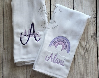Purple Rainbow Burp Cloth Set - Newborn Baby Shower Gift - Embroidered 6 ply Burp Cloth - Monogram - Personalized Baby Girl Burp Cloth