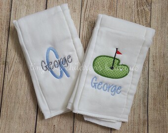 Set of 2 personalized baby boy burp cloths - Embroidered burp cloth set - Newborn - Golf monogram burp  cloths - Baby shower gift - Custom