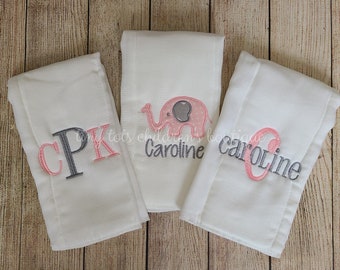 Set of 3 Monogrammed Personalized Baby Girl Burp Cloths - Embroidered Newborn Elephant Burp Cloth - Pink - Baby Shower - 6-ply burp cloths