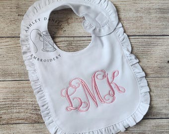 Monogrammed white ruffle bib, Embroidered baby shower gift, Custom personalized baby girl bib, White bib, Newborn, Baby, Light Pink