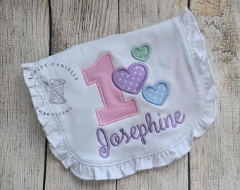 Personalized 1st Birthday Ruffle Bib – Embroidered Heart Ruffle bib - Custom Valentine's Day Bib - 1st Valentine's Day - Monogram Bib