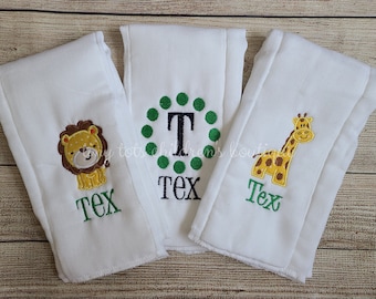 Set of 3 Personalized 6-ply Burp Cloths - Baby Boy Burp Cloth Set - Monogram Burp Cloth - Animal Burp Cloth - Newborn Baby Boy Custom