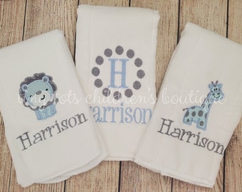 Set of 3 personalized burp cloths - newborn - embroidered baby boy burp cloths - custom monogram burp cloth set - baby shower gift - giraffe