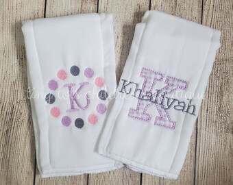 Set of 2 Personalized Baby Girl Burp Cloths - Burp Cloth Set - Newborn - Embroidered - Light Purple Pink Gray - Monogram Burp Cloth Set