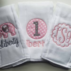 Set of 3 personalized burp cloths- embroidered burp cloth set- monogram baby girl burp cloths - Elephant- Pink- newborn - baby shower gift