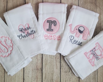 Set of 5 Personalized Burp Cloths - Girl Embroidered Burp Cloth Set - Monogram - Elephant Applique - Newborn - Baby Shower Gift - Baby Girl