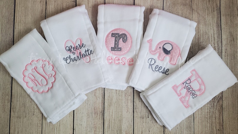 Set of 5 Personalized Burp Cloths Girl Embroidered Burp Cloth Set Monogram Elephant Applique Newborn Baby Shower Gift Baby Girl image 1