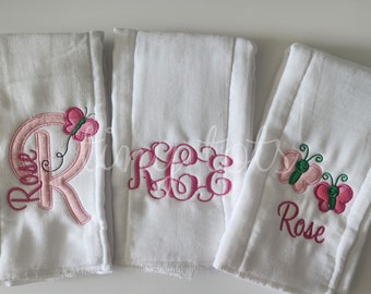 Set of 3 Personalized Baby Girl Burp Cloths - Embroidered Butterfly Burp Cloth Set - Newborn - Baby Shower Gift - Monogram Burp Cloth Set