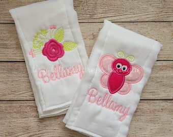 Pink Butterfly Applique Burp Cloth - Flower Embroidered Girl Burp Cloth - Monogram Baby Shower Gift Custom Personalized Newborn Burp Cloths
