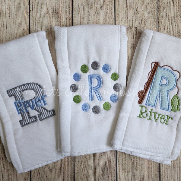 Set of 3 personalized burp cloths - embroidered burp cloth set- boy monogram burp cloth set - newborn- baby shower gift- baby boy - Fishing