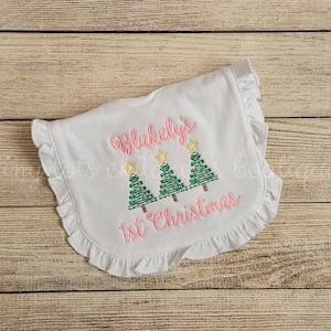 Baby's First Christmas Bib - Christmas Tree Sketch Bib - Ruffle Bib - Baby Girl Personalized Bib - Embroidered 1st Christmas - Monogram Bib