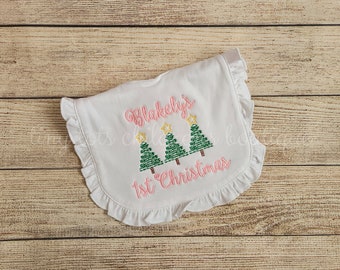 Embroidered Baby's First Christmas Bib: Ruffle Tree Sketch, Personalized