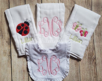 Personalized Burp Cloth and Bib Set - Embroidered Baby Girl Bib and Burp Cloth - Ladybug Butterfly - Monogram - Baby Shower Gift - Newborn