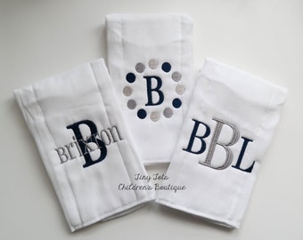 Set of 3 Monogrammed Personalized Baby Boy Burp Cloths - Embroidered Newborn Boy Cloth Diapers - Navy Gray - Baby Shower - 6-ply burp cloths