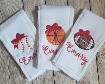 Set of 3 Personalized Burp Cloths - Baby Girl Embroidered Burp Cloth Set - Monogram - Baseball - Basketball - Football - Burp Cloth -Newborn