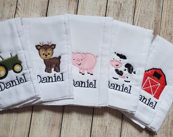 5 personalized burp cloths, newborn embroidered cloth diaper set, monogram custom baby shower gift, newborn baby gift, barn, cow, pig, deer