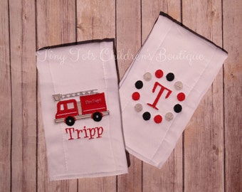 Personalized Fire Truck Burp Cloths - Embroidered Diaper Cloths - Baby Boy - Monogrammed - Gift Set - Fire Truck