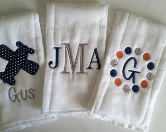 Set of 3 Monogrammed Personalized Baby Boy Burp Cloths - Embroidered Newborn Boy Cloth Diapers - Navy - Gray - Orange