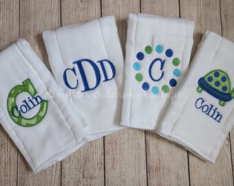 Set of 4 personalized burp cloth set - Newborn - Baby shower gift - Custom embroidered baby boy burp cloths - Turtle Applique - Monogram