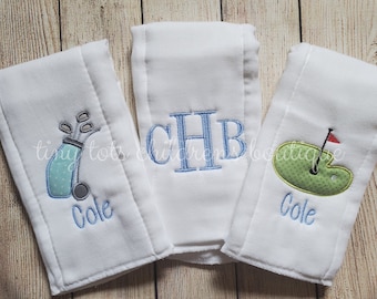 Personalized Golf Baby Burp Cloths - Monogrammed boy burp cloth set - Newborn - Custom baby shower gift - Embroidered set of 3 burp cloths