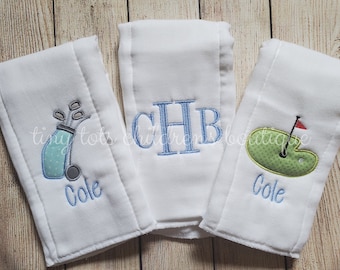 Set of 3 baby boy personalized burp cloth set - newborn - custom embroidered burp cloths - monogram - golf - baby shower gift - golfbag