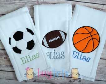 Set of 3 Personalized sports burp cloths - Boy's monogram burp cloths - Embroidered burp cloths - Football - Soccer - Basketball -Burp Cloth
