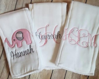 Set of 3 personalized girl burp cloths - Elephant burp cloth - embroidered baby girl burp cloth - monogram pink burp cloth