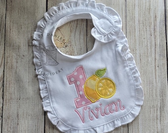 Personalized Lemon 1st Birthday Bib: Embroidered Ruffle Cake Smash Bib